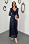Women's Navy Blue V-Neck Long Sleeve Backless Sequined Midi Dress - 2