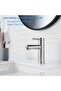 Single-hole bathroom sink faucet, silver stainless steel, single handle, hot and cold water compatible. - 5