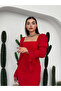 Women's Red Square Collar Chiffon Balloon Sleeve Ruffle Detailed Midi Pencil Dress - 3