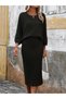 Women's Long Sleeve Round Neck Fleece-Lined Ribbed Knit Blouse and Skirt Two-Piece Set - 2