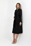 Black Lined Suit Fabric Belted Long Trench Coat Tns-9007 - 7