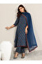 Navy Blue Printed Cotton A-Line Kurta, Trousers and Dupatta Set