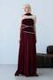 Burgundy Strapless Crystal Stone Embellished Draped Shawl Detailed Long Evening Dress - 5
