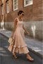 Brown and White Gingham Skirt with Ruffle Detail at the Hem, Square Collar, Mid-Length Dress - 4