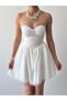 Women's White Mini Dress Strapless Sweetheart Neckline Gathered Tulle Skirted Mini Evening Dress - 2