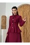 Women's Burgundy Skirt Suit with Stand Collar, Scarf Detail, Buttoned Long Sleeve Maxi - 5