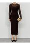 Women's Coffee Color Long Sleeve Crew Neck Striped Tulle Detailed Midi Dress - 2