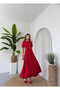 Women's Red Midi Dress with Stone Bow Detail, Crew Neck, Short Sleeves - 4