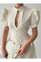 Women's Ecru Mini Dress with Polka Dots, High Neckline, Chest Cutout, Balloon Sleeves - 3