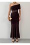 Women's Coffee Strapless Lace Midi Dress with Gathered Transparent Detail and Fish Cut - 2
