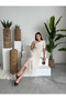 Women's Beige Midi Dress with Heart Pattern, Doll Collar, Pearl Buttons, Balloon Sleeves - 3