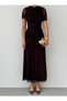 Women's Black Midi Dress with Draped Gathered Tulle Detail and Short Sleeves for Special Occasions - 2