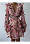 Women's Powder Mini Dress V-Neck Floral Patterned Ruffled Backless Poplin - 2