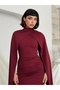 Women's Burgundy Midi Dress with Cape Detail, Gathered Midi Dress, Diver Fabric, Event Dress - 4