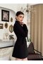 Women's Black Double Breasted Jacket Dress Lace-Up Waist Gathered Long Sleeve Mini - 5