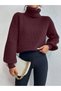 Women's Burgundy High-Neck Oversize Knitwear Sweater Ribbed Flowy Soft Textured Cotton Turtleneck - 4