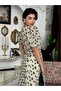 Women's Black Midi Dress Crew Neck Floral Patterned Balloon Sleeves A-Line - 6