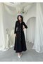 Women's Black Button Detailed V-Neck Long Sleeve Chanel Textured Midi Dress - 5