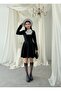 Women's Black Mini Dress Lace Collar Pearl Buttoned Long Sleeve Flared Atlas - 6