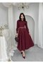 Women's Burgundy Poplin Shirt Collar Long Sleeve Buttoned Cover Detailed Midi Dress