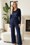 Navy Blue Patterned Embroidered Cotton Lycra Knitted Pajama Set26240301 - 2