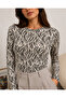 Women's Ecru Zebra Patterned Crew Neck Basic Long Sleeve Soft Stretch Fabric Blouse - 4