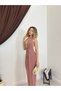 Women's Powder Color Long Halter Neck Deep V-Neck Gathered Slit Transparent Dress - 2