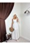 Women's White Maxi Dress with Square Collar, Gipeli Straps, Ruched Layered Skirt