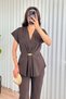 Women's Brown Bottom-Top Set Pleated Gold Brooch Detailed V-Neck Short Sleeve Wide Leg Modal Set - 3