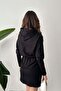 Women's Black Hooded Mini Sweatshirt Dress with Elastic Waist Long Sleeves Plain - 5
