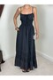Women's Black Strappy Maxi Dress with Gipeli Waist and Scallop Detail, Pockets, Summer Style - 5