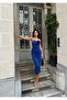 Cobalt Blue Rope Strap Rose Detailed Gathered Midi Evening Dress 582975 - 3