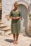 Khaki Pool Collar 3/4 Sleeve Hidden Pocket Lined Embroidered Casual Cotton Woven Dress 105 56