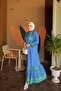 Cobalt Blue Half Buttoned Sleeves Elastic Skirt Layered Viscose Dress - 3