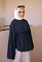 Navy Blue Asymmetrical Cut Waist Tie Blouse - 4