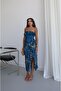 Blue Patterned Slit Ruffle Tulle Dress