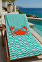Mint Green White Wavy Striped Orange Crab Patterned 70X150 Beach Towel - Digital Printed Fade-Resistant Bath Towel