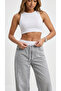 Ribbed Gray Waist White Elastic Wide Leg Palazzo Jean Trousers Without Lycra - 5
