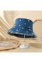 Women's denim bucket hat daisy embroidery dark blue foldable UV.