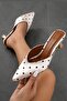 Ozy Women's Pointed Toe Low Heeled Beige Polka Dot Heeled Slippers 4cm