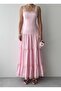 Women's Pink Midi Dress Square Collar Lace Strap Layered Skirt Poplin Textured - 2