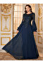 Navy Blue Embellished A-Line Maxi Evening Dress - 4