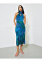 Blue Floral Print Halter Neck Sheath Midi Dress - 3