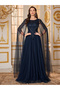 Navy Blue Embellished Mesh Cape A-Line Maxi Evening Dress - 3