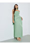 Green Solid Ruched Sleeveless Maxi Dress with Scarf - 3