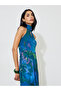 Blue Floral Print Halter Neck Sheath Midi Dress - 2
