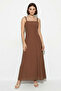 Women's Beaded Strap Detailed Square Neck Flowy Maxi Brown Dress - 4