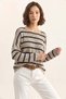 Women's Striped Boat Neck Off-Shoulder Relaxed Fit Slim Knitwear Beige Navy Blue Sweater - 6