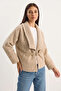 Women's Belted Lined Felt Beige Jacket Coat - 4