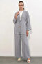 Women's Kimono Collar Drawstring Waist Gray Set - 4